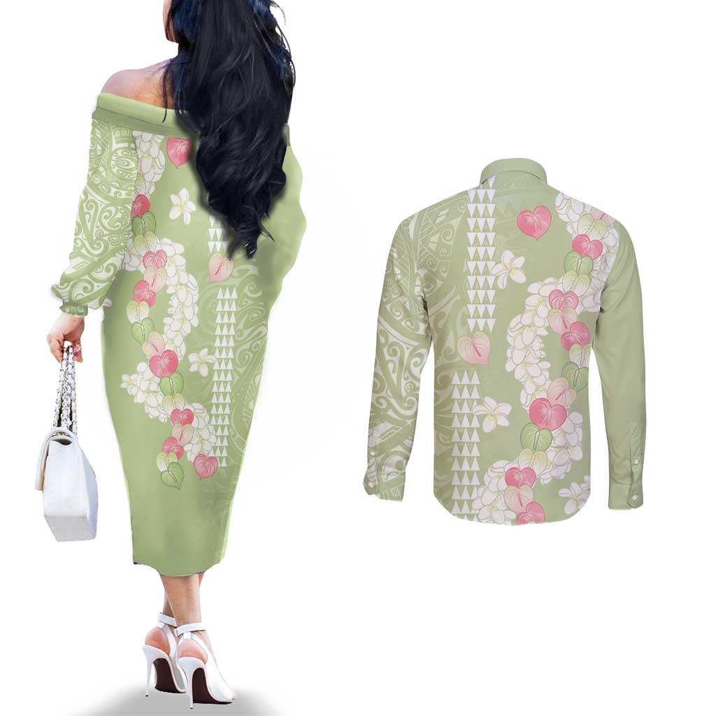 Leaf Green Hawaii Anthurium Plumeria Lei Couples Matching Off The Shoulder Long Sleeve Dress and Long Sleeve Button Shirt LT9 - Polynesian Pride