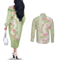 Leaf Green Hawaii Anthurium Plumeria Lei Couples Matching Off The Shoulder Long Sleeve Dress and Long Sleeve Button Shirt LT9 - Polynesian Pride