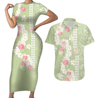 Leaf Green Hawaii Anthurium Plumeria Lei Couples Matching Short Sleeve Bodycon Dress and Hawaiian Shirt LT9 Green - Polynesian Pride