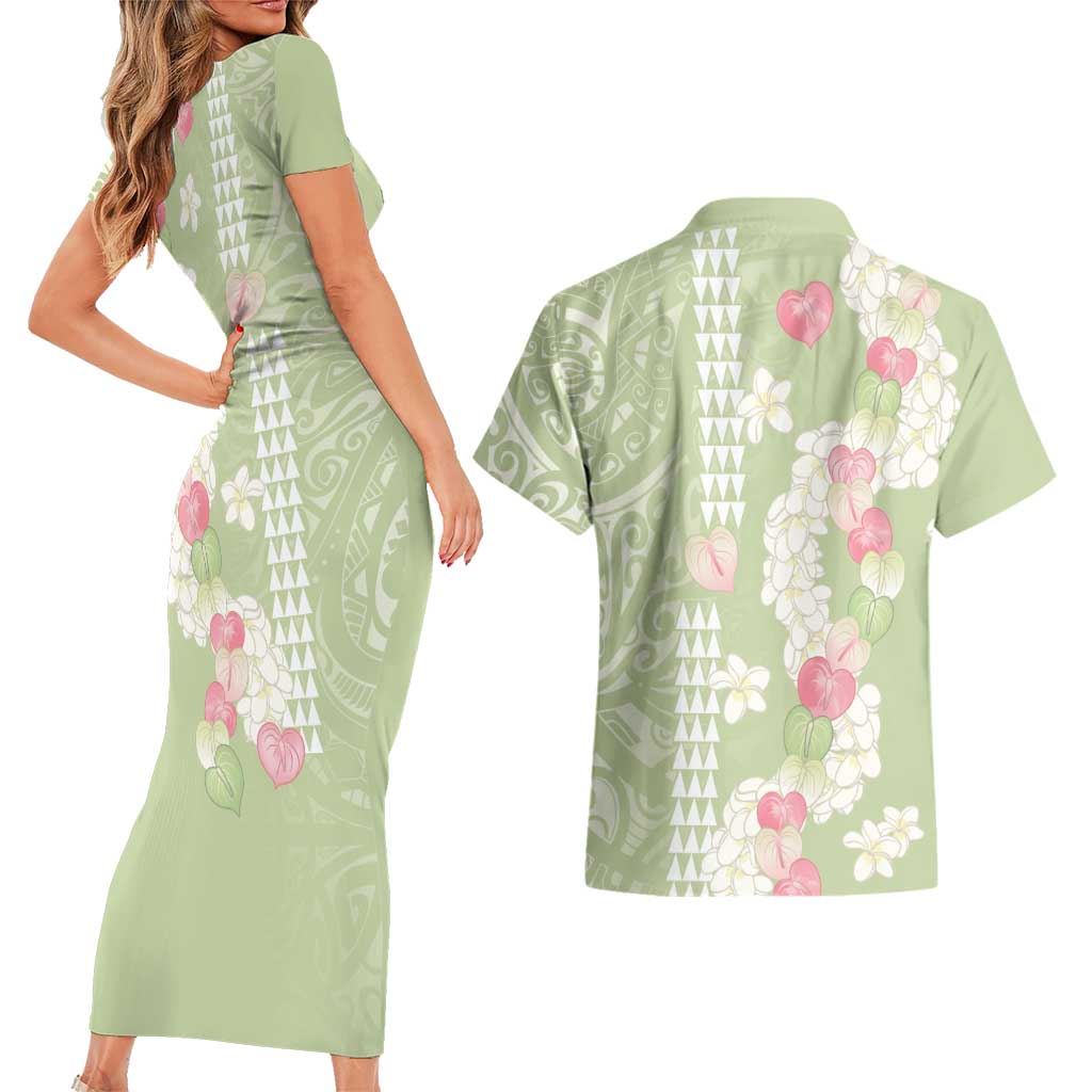 Leaf Green Hawaii Anthurium Plumeria Lei Couples Matching Short Sleeve Bodycon Dress and Hawaiian Shirt LT9 - Polynesian Pride