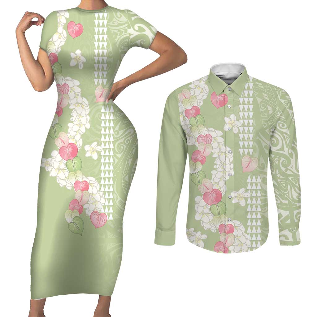 Leaf Green Hawaii Anthurium Plumeria Lei Couples Matching Short Sleeve Bodycon Dress and Long Sleeve Button Shirt