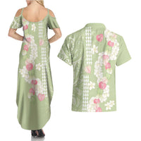 Leaf Green Hawaii Anthurium Plumeria Lei Couples Matching Summer Maxi Dress and Hawaiian Shirt