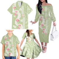 Leaf Green Hawaii Anthurium Plumeria Lei Family Matching Off The Shoulder Long Sleeve Dress and Hawaiian Shirt LT9 - Polynesian Pride