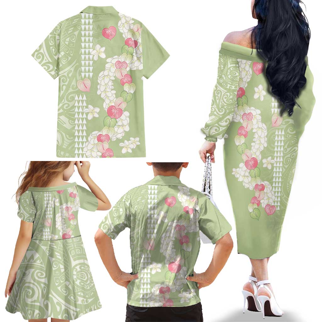 Leaf Green Hawaii Anthurium Plumeria Lei Family Matching Off The Shoulder Long Sleeve Dress and Hawaiian Shirt LT9 - Polynesian Pride