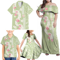 Leaf Green Hawaii Anthurium Plumeria Lei Family Matching Off Shoulder Maxi Dress and Hawaiian Shirt LT9 - Polynesian Pride