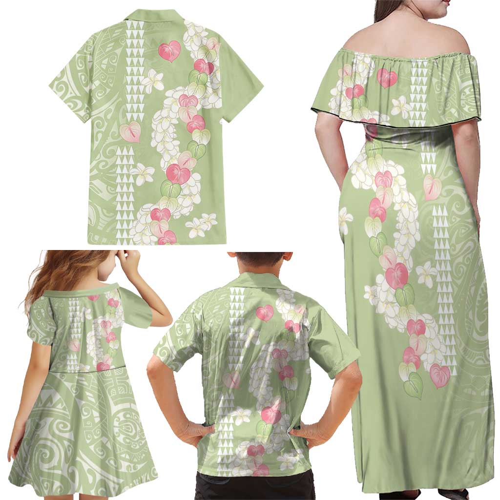 Leaf Green Hawaii Anthurium Plumeria Lei Family Matching Off Shoulder Maxi Dress and Hawaiian Shirt LT9 - Polynesian Pride