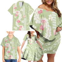 Leaf Green Hawaii Anthurium Plumeria Lei Family Matching Off Shoulder Short Dress and Hawaiian Shirt LT9 - Polynesian Pride