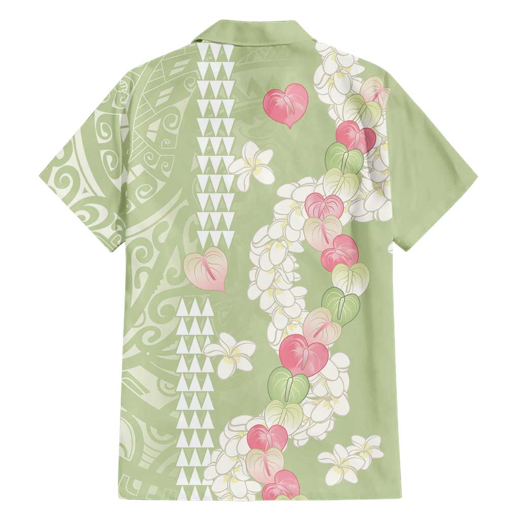 Leaf Green Hawaii Anthurium Plumeria Lei Family Matching Off Shoulder Short Dress and Hawaiian Shirt LT9 - Polynesian Pride