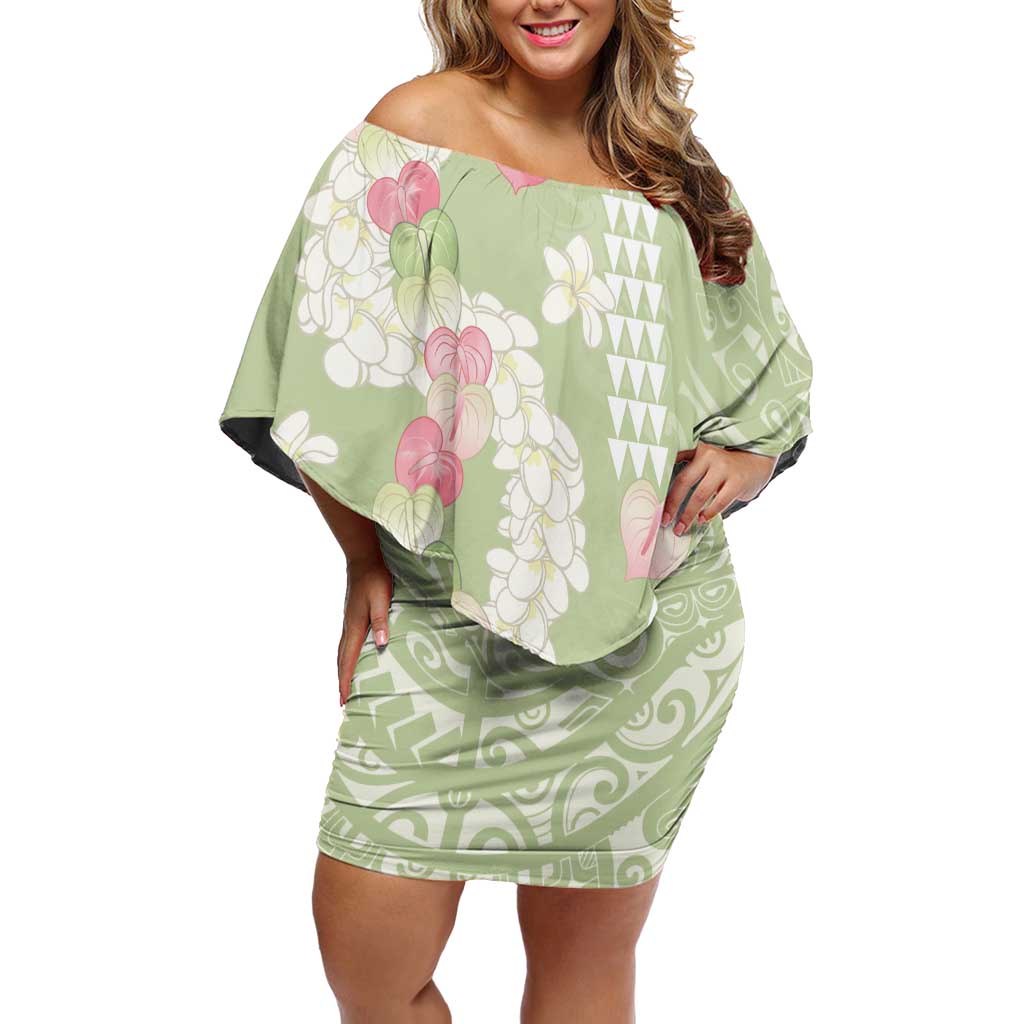 Leaf Green Hawaii Anthurium Plumeria Lei Family Matching Off Shoulder Short Dress and Hawaiian Shirt LT9 Mom's Dress Green - Polynesian Pride