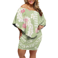 Leaf Green Hawaii Anthurium Plumeria Lei Family Matching Off Shoulder Short Dress and Hawaiian Shirt LT9 Mom's Dress Green - Polynesian Pride