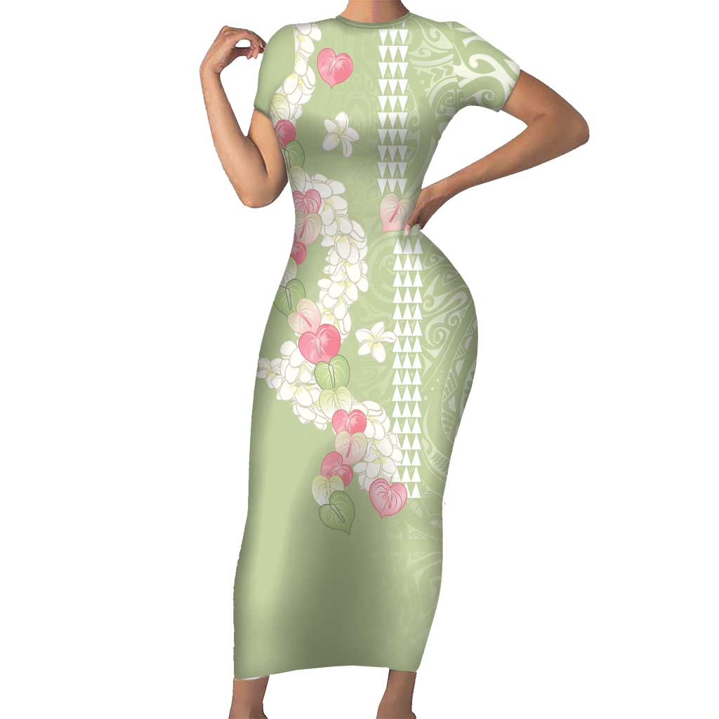 Leaf Green Hawaii Anthurium Plumeria Lei Family Matching Short Sleeve Bodycon Dress and Hawaiian Shirt LT9 Mom's Dress Green - Polynesian Pride