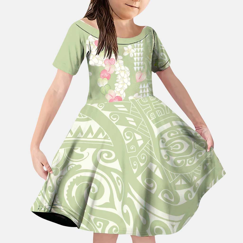Leaf Green Hawaii Anthurium Plumeria Lei Family Matching Summer Maxi Dress and Hawaiian Shirt LT9 Daughter's Dress Green - Polynesian Pride