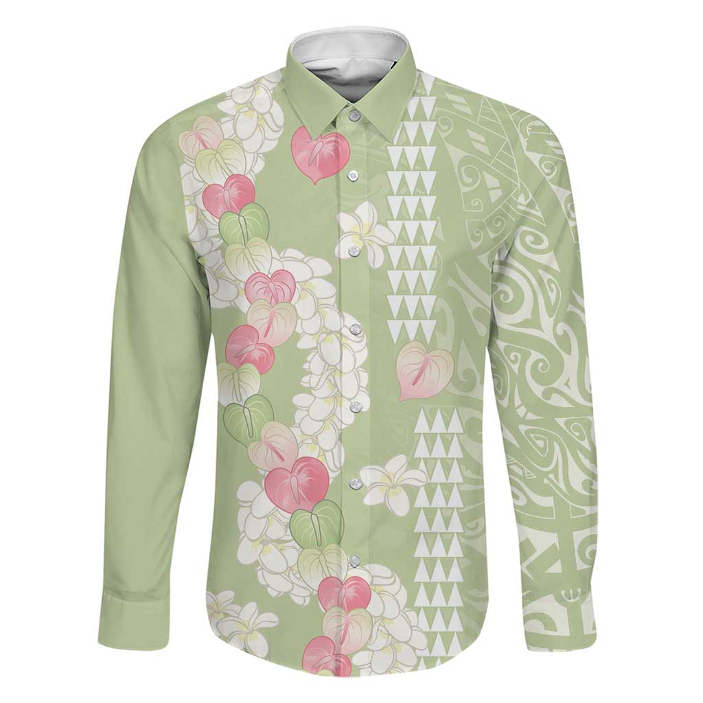Leaf Green Hawaii Anthurium Plumeria Lei Family Matching Summer Maxi Dress and Hawaiian Shirt LT9 Dad's Shirt - Long Sleeve Green - Polynesian Pride