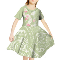 Leaf Green Hawaii Anthurium Plumeria Lei Kid Short Sleeve Dress