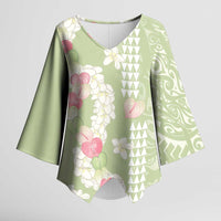 Leaf Green Hawaii Anthurium Plumeria Lei Kimono Sleeve Blouse LT9 Female Green - Polynesian Pride