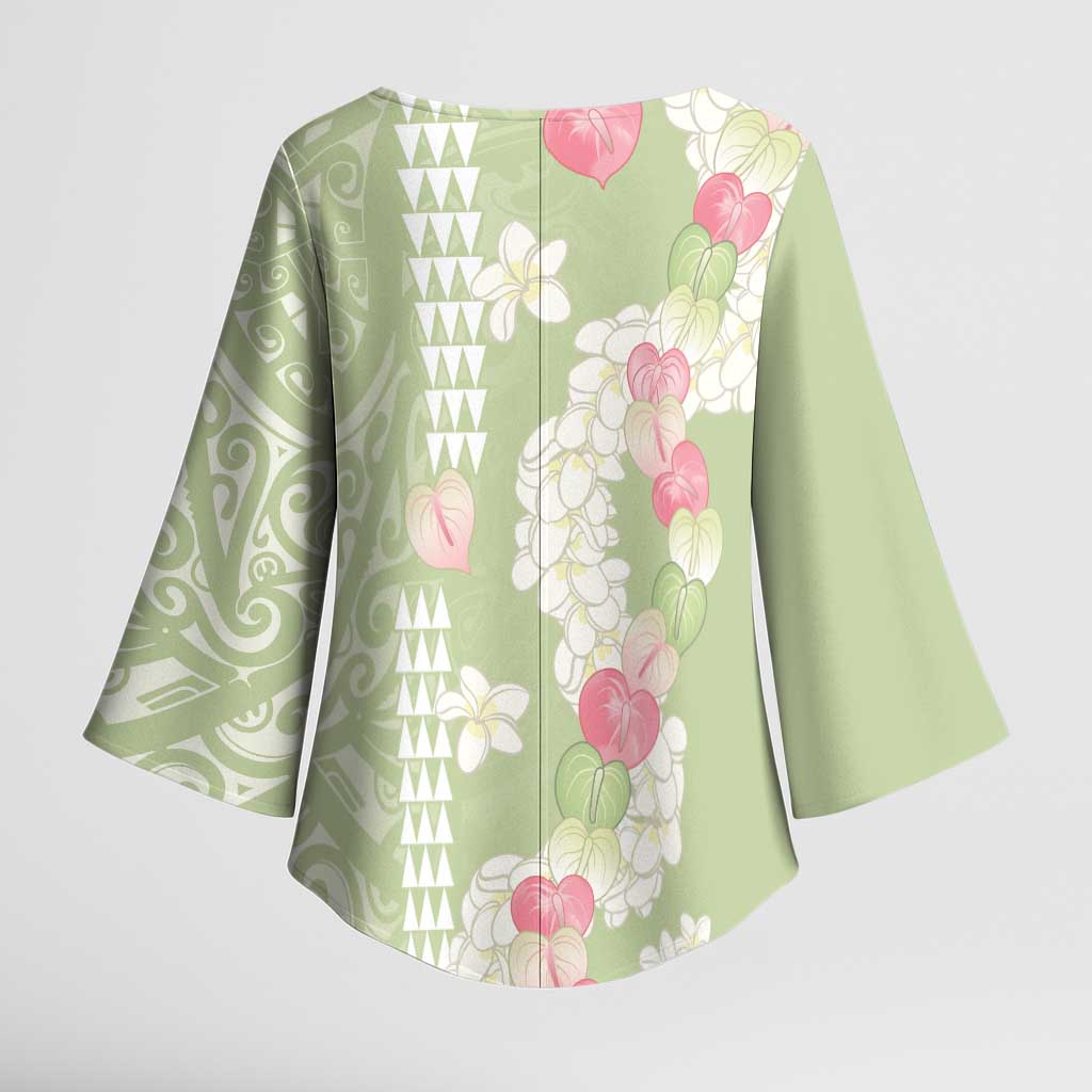 Leaf Green Hawaii Anthurium Plumeria Lei Kimono Sleeve Blouse LT9 - Polynesian Pride