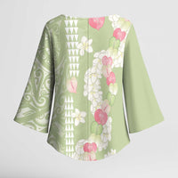 Leaf Green Hawaii Anthurium Plumeria Lei Kimono Sleeve Blouse LT9 - Polynesian Pride