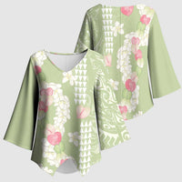 Leaf Green Hawaii Anthurium Plumeria Lei Kimono Sleeve Blouse LT9 - Polynesian Pride