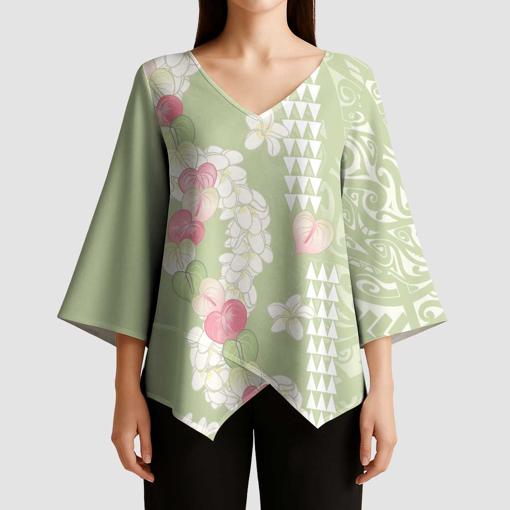 Leaf Green Hawaii Anthurium Plumeria Lei Kimono Sleeve Blouse LT9 - Polynesian Pride