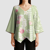 Leaf Green Hawaii Anthurium Plumeria Lei Kimono Sleeve Blouse LT9 - Polynesian Pride