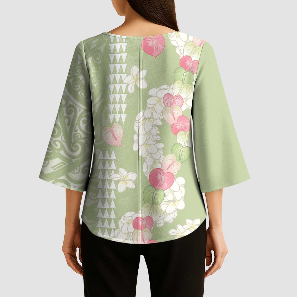 Leaf Green Hawaii Anthurium Plumeria Lei Kimono Sleeve Blouse LT9 - Polynesian Pride