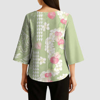 Leaf Green Hawaii Anthurium Plumeria Lei Kimono Sleeve Blouse LT9 - Polynesian Pride