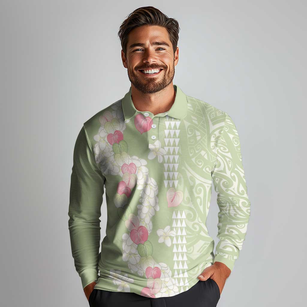 Leaf Green Hawaii Anthurium Plumeria Lei Long Sleeve Polo Shirt