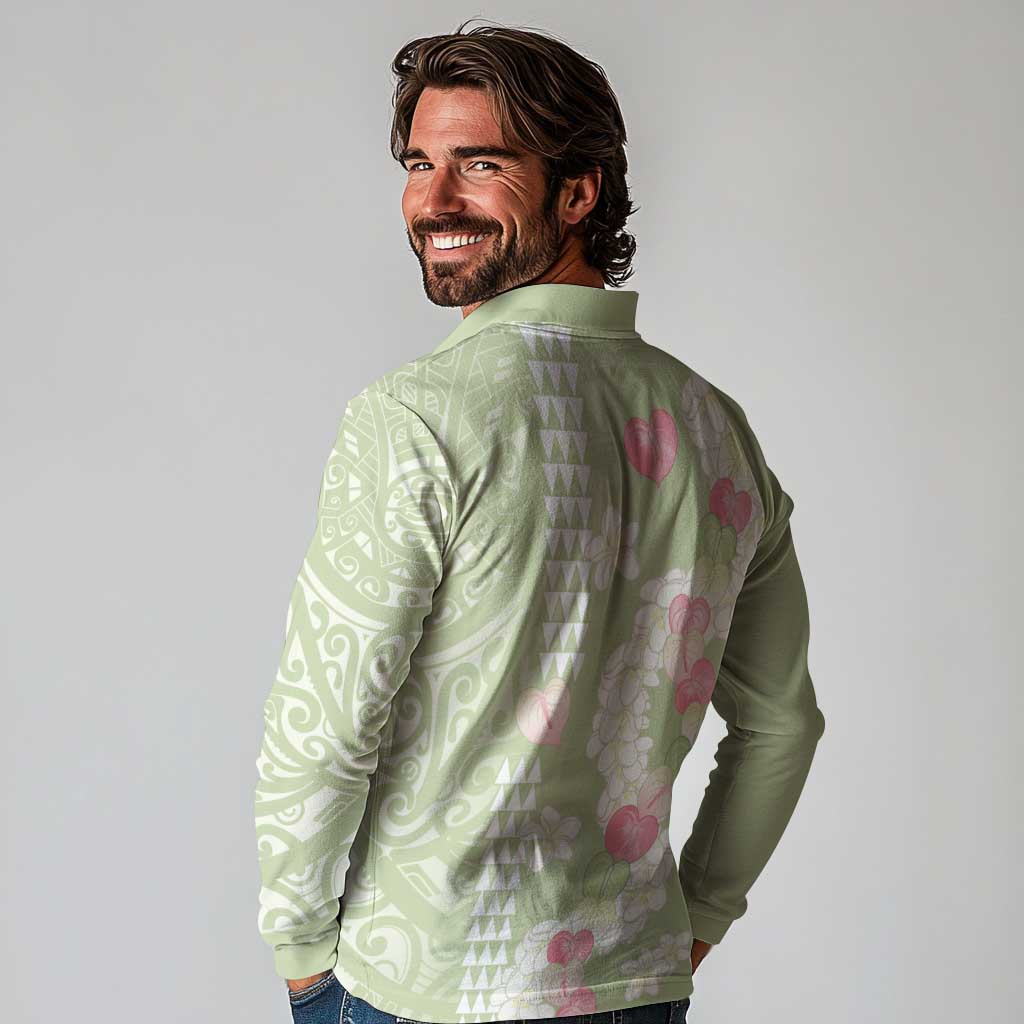 Leaf Green Hawaii Anthurium Plumeria Lei Long Sleeve Polo Shirt