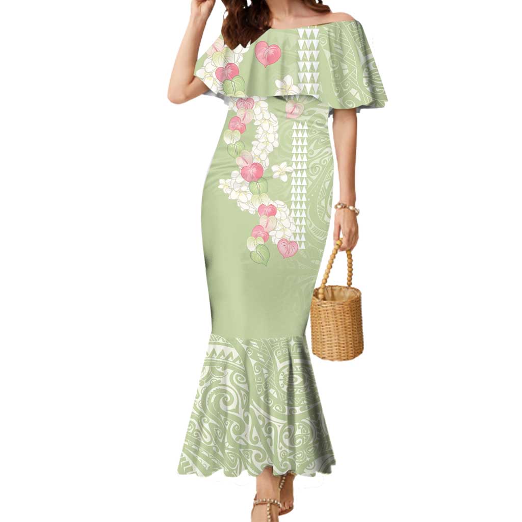Leaf Green Hawaii Anthurium Plumeria Lei Mermaid Dress