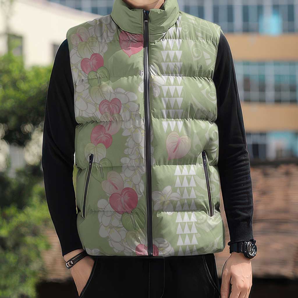 Leaf Green Hawaii Anthurium Plumeria Lei Sleeveless Puffer Jacket