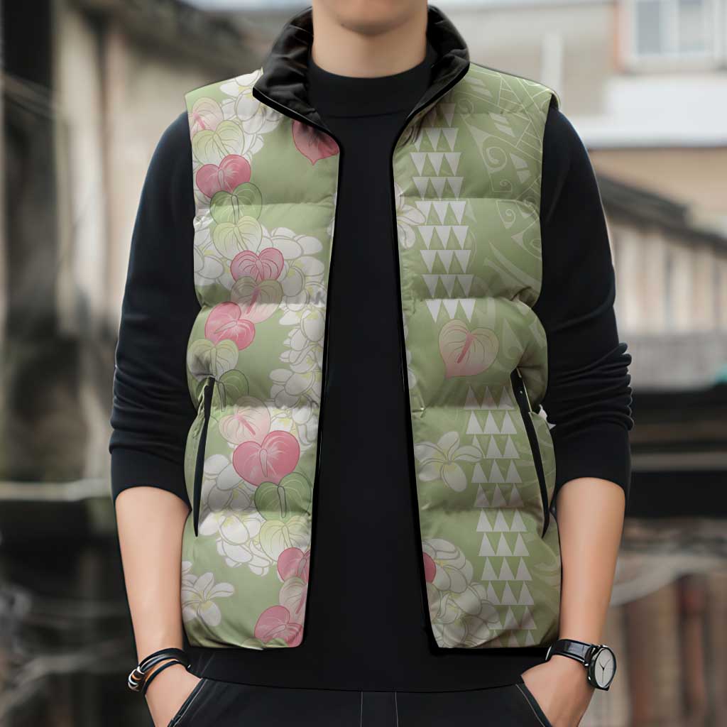 Leaf Green Hawaii Anthurium Plumeria Lei Sleeveless Puffer Jacket