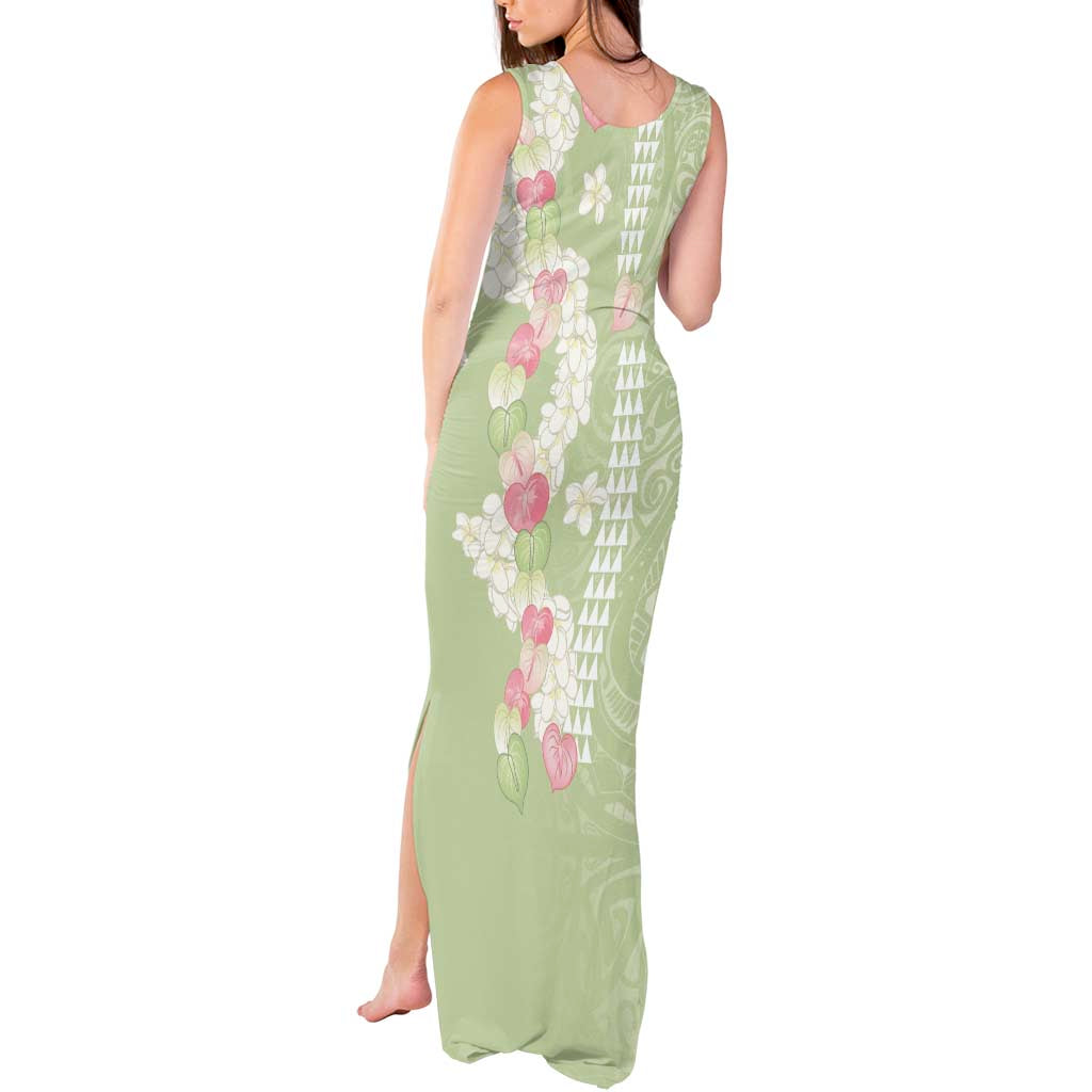 Leaf Green Hawaii Anthurium Plumeria Lei Tank Maxi Dress