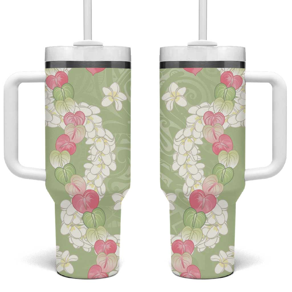 Leaf Green Hawaii Anthurium Plumeria Lei Tumbler With Handle