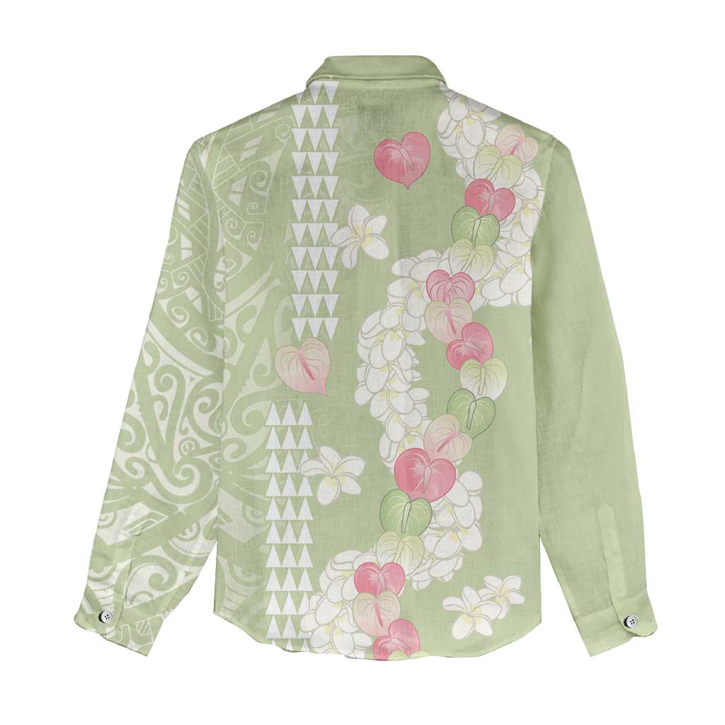 Leaf Green Hawaii Anthurium Plumeria Lei Women Casual Shirt