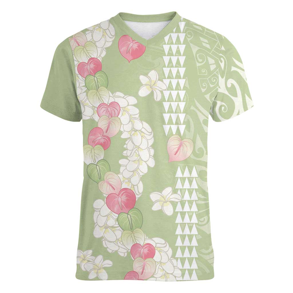Leaf Green Hawaii Anthurium Plumeria Lei Women V-Neck T-Shirt