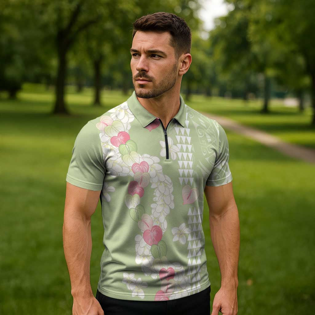 Leaf Green Hawaii Anthurium Plumeria Lei Zipper Polo Shirt