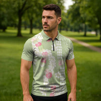 Leaf Green Hawaii Anthurium Plumeria Lei Zipper Polo Shirt