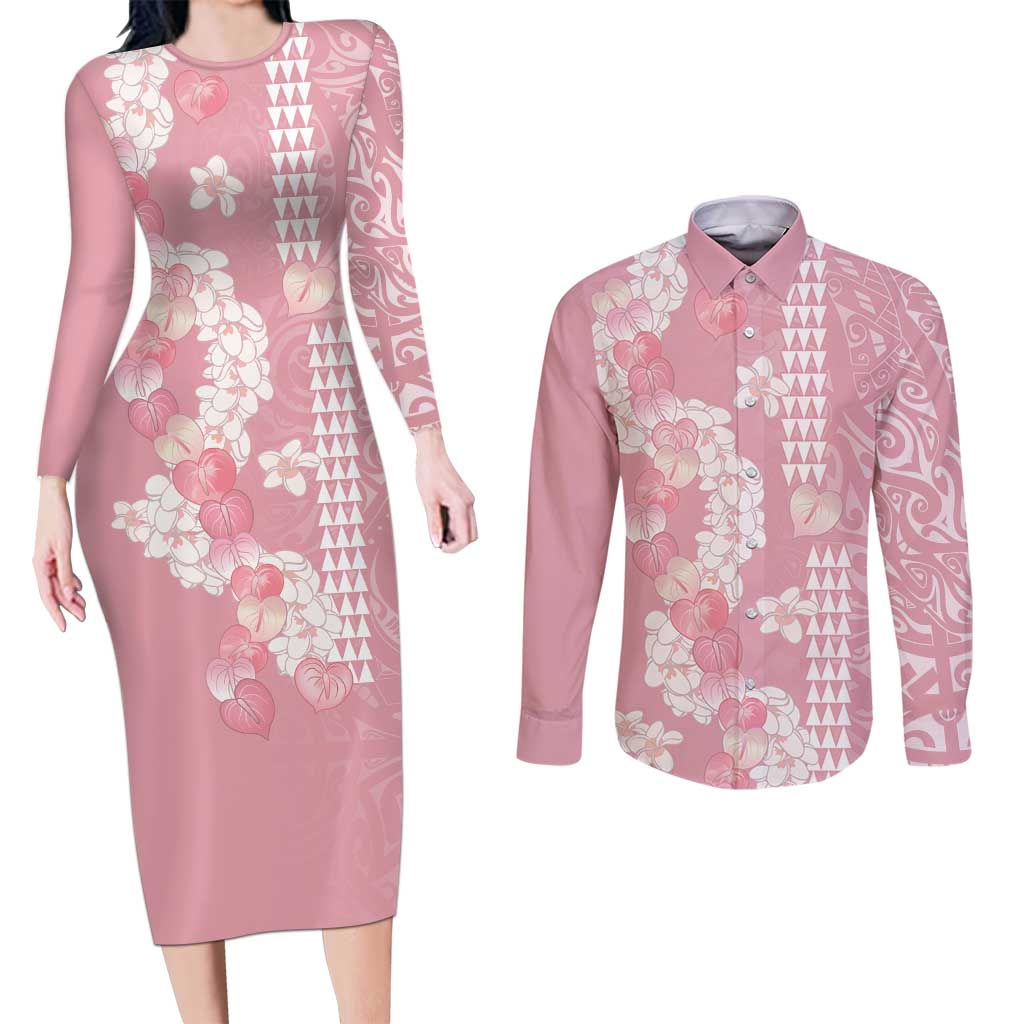 Soft Pink Hawaii Anthurium Plumeria Lei Couples Matching Long Sleeve Bodycon Dress and Long Sleeve Button Shirt