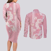 Soft Pink Hawaii Anthurium Plumeria Lei Couples Matching Long Sleeve Bodycon Dress and Long Sleeve Button Shirt LT9 - Polynesian Pride