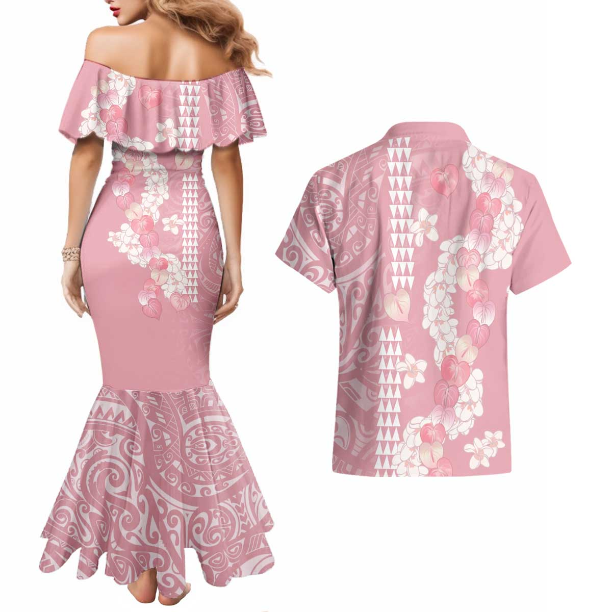 Soft Pink Hawaii Anthurium Plumeria Lei Couples Matching Mermaid Dress and Hawaiian Shirt LT9 - Polynesian Pride