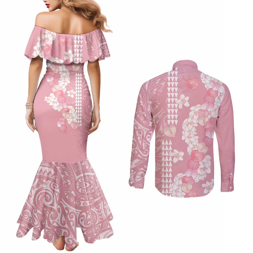 Soft Pink Hawaii Anthurium Plumeria Lei Couples Matching Mermaid Dress and Long Sleeve Button Shirt