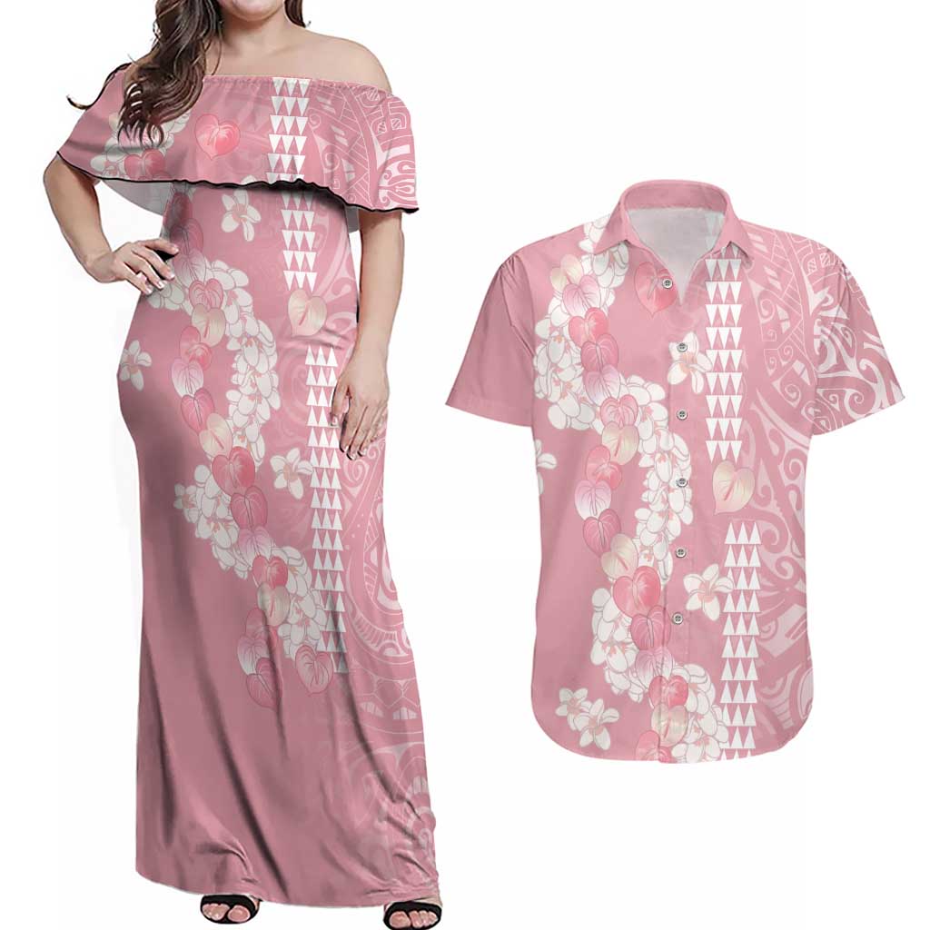 Soft Pink Hawaii Anthurium Plumeria Lei Couples Matching Off Shoulder Maxi Dress and Hawaiian Shirt
