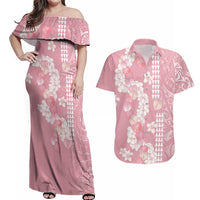 Soft Pink Hawaii Anthurium Plumeria Lei Couples Matching Off Shoulder Maxi Dress and Hawaiian Shirt