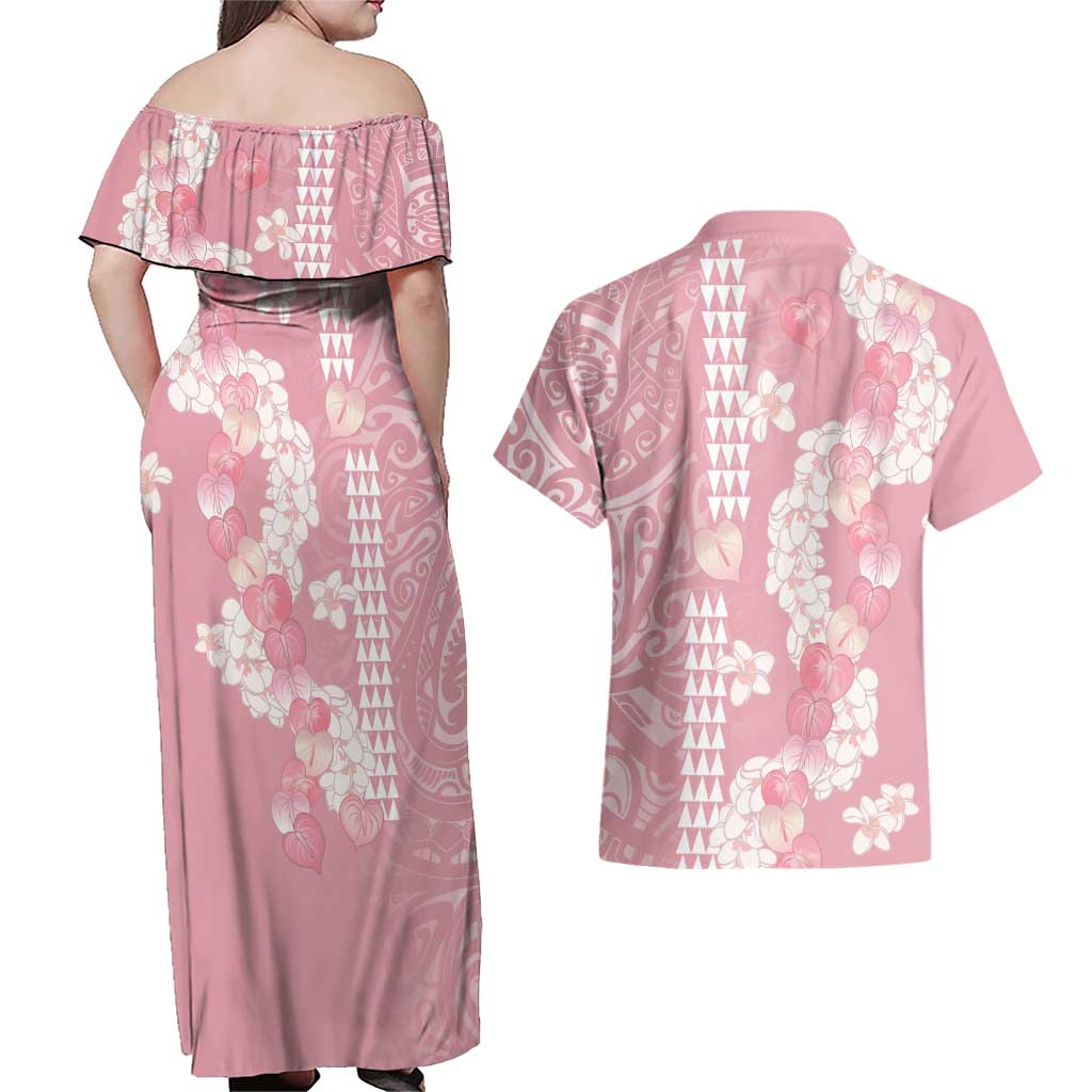 Soft Pink Hawaii Anthurium Plumeria Lei Couples Matching Off Shoulder Maxi Dress and Hawaiian Shirt