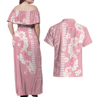 Soft Pink Hawaii Anthurium Plumeria Lei Couples Matching Off Shoulder Maxi Dress and Hawaiian Shirt