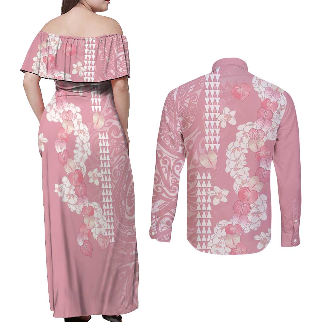 Soft Pink Hawaii Anthurium Plumeria Lei Couples Matching Off Shoulder Maxi Dress and Long Sleeve Button Shirt