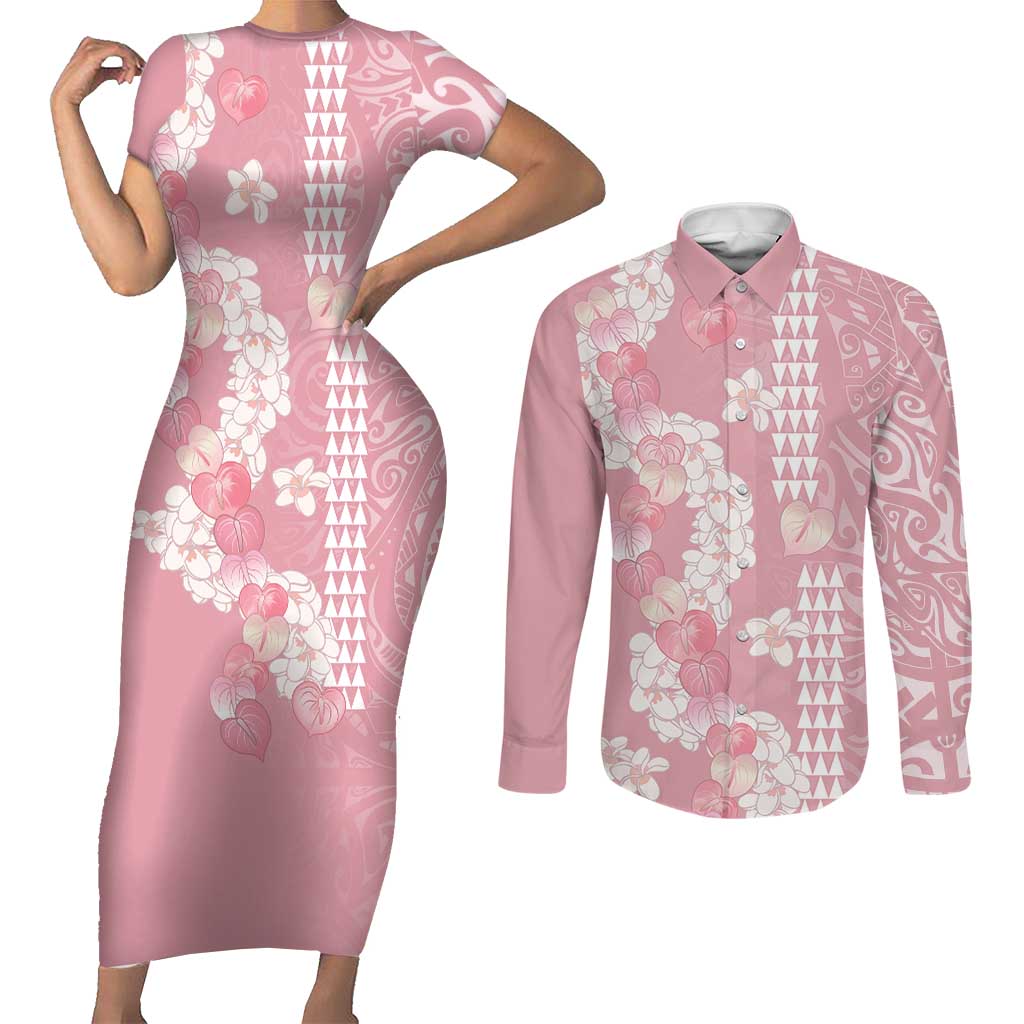 Soft Pink Hawaii Anthurium Plumeria Lei Couples Matching Short Sleeve Bodycon Dress and Long Sleeve Button Shirt LT9 Pink - Polynesian Pride
