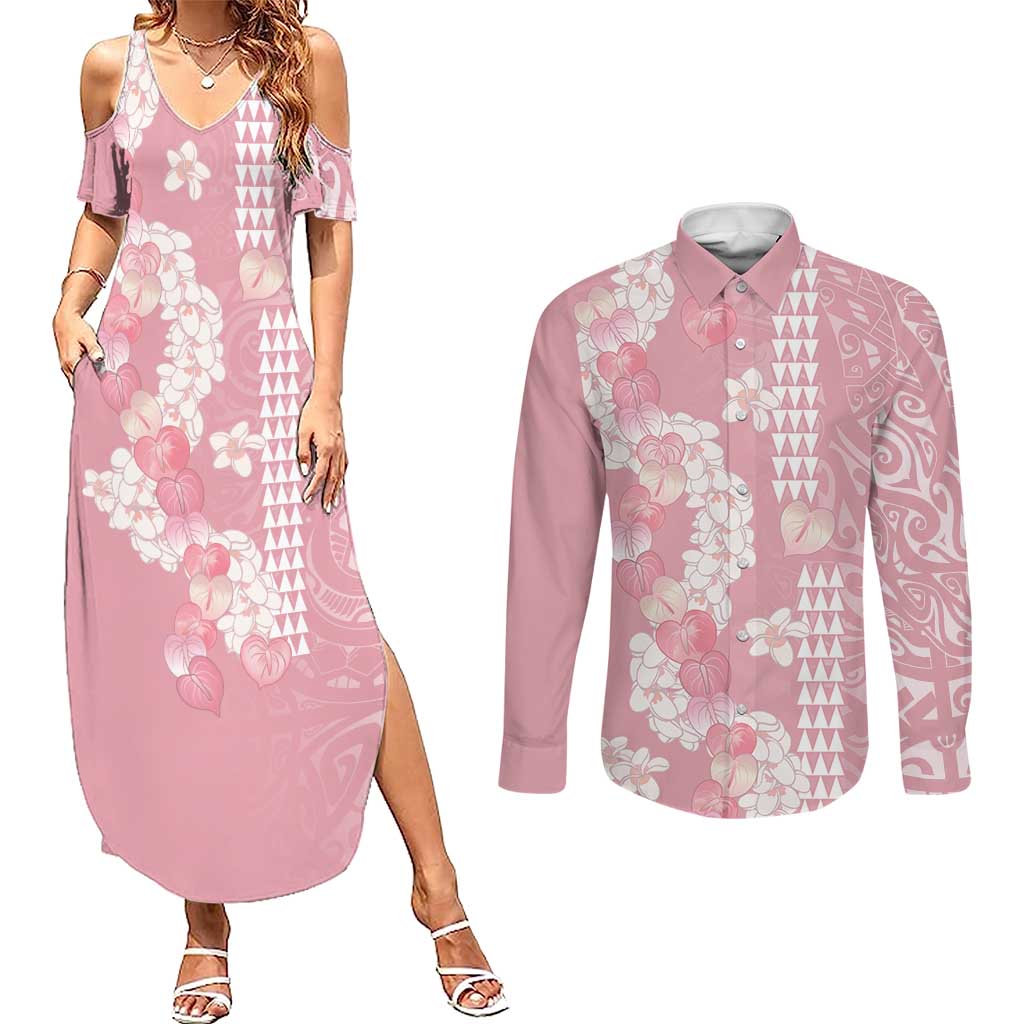 Soft Pink Hawaii Anthurium Plumeria Lei Couples Matching Summer Maxi Dress and Long Sleeve Button Shirt