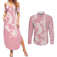 Soft Pink Hawaii Anthurium Plumeria Lei Couples Matching Summer Maxi Dress and Long Sleeve Button Shirt