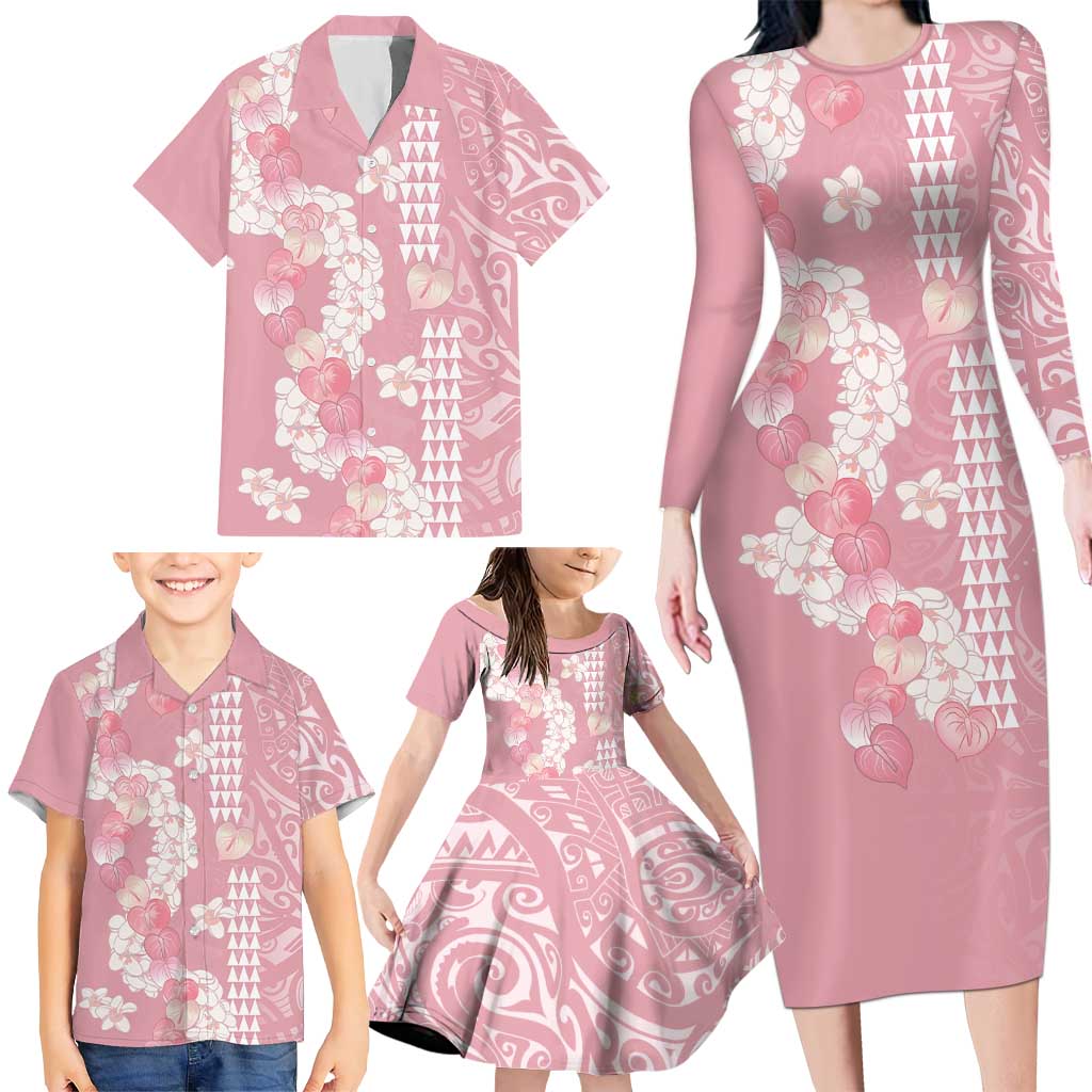 Soft Pink Hawaii Anthurium Plumeria Lei Family Matching Long Sleeve Bodycon Dress and Hawaiian Shirt